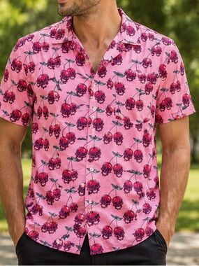Super Massive Men's Pink Short-Sleeve Button-Down Shirt with Cherry Skull Print